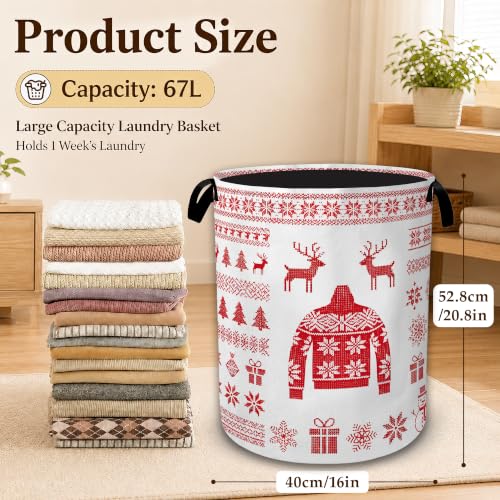 Christmas Cloth Laundry Basket with Handles, Foldable Tall Oxford Clothes Hamper, Lightweight Water-Resistant Storage Bin for Bedroom Bathroom College Dorm, 16 x 20.8 Inch - color: Christmas Cloth