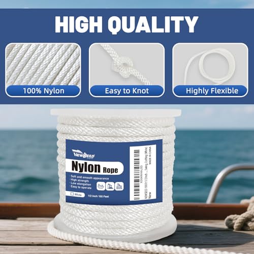 NEWSEED 100 Ft 1/2 Inch Nylon Rope Heavy Duty Utility Rope (White) - size: 1/2 In x 100FT, style: White