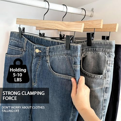 Nature Smile Deluxe Wooden Pants Hangers,Solid Rubber Wood Jeans Skirt Hanger with Blacak Hook Pack of 20(Natural Varnished) - color: Natural
