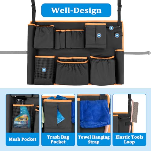 HODRANT Trash Can Caddy Bag with 13 Pockets Fit 32-55 Gallon Garbage Bin - color: Black with orange edge