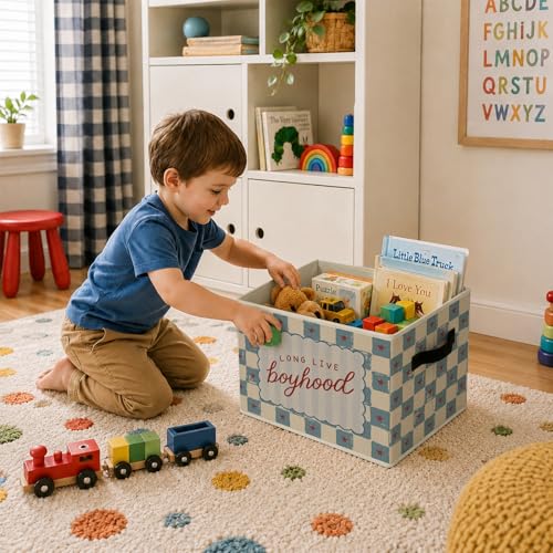 Boys Playroom Foldable Storage Bins with Handles, Long Live Boyhood Decorative Storage Basket for Organizing Clothes Tools Books, Blue Preppy Checkered Gift for Boys Nursery Playroom Bedroom - color: Boys