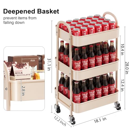 Beige 3 Tier Rolling Cart Metal with Wheels,Tan Three Tiered Bedside Carts - color: Light Beige