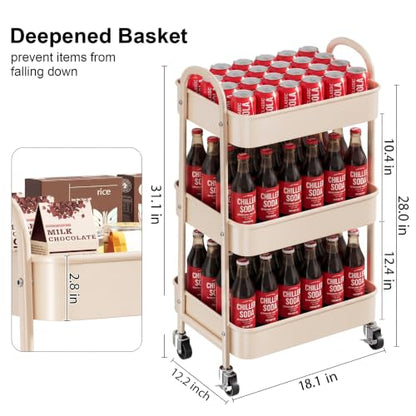 Beige 3 Tier Rolling Cart Metal with Wheels,Tan Three Tiered Bedside Carts - color: Light Beige