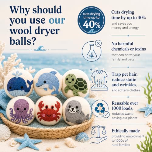 Wool Dryer Balls XL 6-Pack – Organic Wool Dryer Balls for Laundry Reusable, Natural Fabric Softener, Reduces Drying Time, Static, Wrinkles & Clumping - color: Ocean Collection