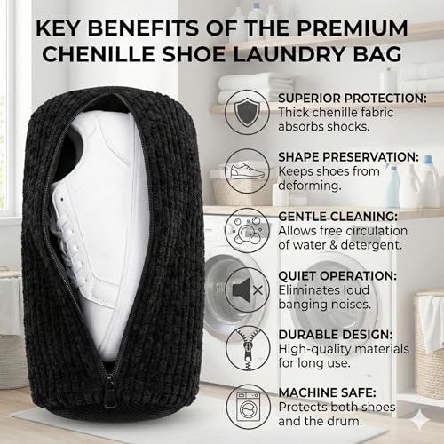 Shoe Washing Machine Bag 2 Pack for Washer & Dryer – Thick Padded Sneaker Laundry Bags with Mesh Panels & Zipper, Protective Shoe Washer Bag for Running & Gym Shoes (Black) - color: Black