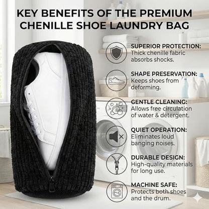 Shoe Washing Machine Bag 2 Pack for Washer & Dryer – Thick Padded Sneaker Laundry Bags with Mesh Panels & Zipper, Protective Shoe Washer Bag for Running & Gym Shoes (Black) - color: Black