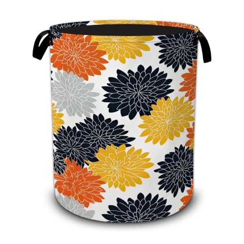 Dahlia Laundry Basket,Yellow Orange Flowers Large Collapsible Portable Round Laundry Hamper with Handles,Oxford Storage Bin for Clothes,Blankets,Bedroom,Bathroom - color: Dahlia Yellow Orange Flowers