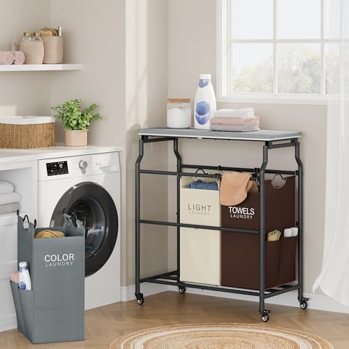 Hoctieon 3 Section Laundry Sorter with Iorning Board, Hamper with Wheels - color: Brown+gray+beige