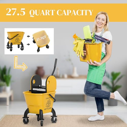 HOMCOM Mop Bucket with Wringer on Wheels, 27.5 Quart, with Mop, Yellow - color: Yellow, size: 27.5 Quart