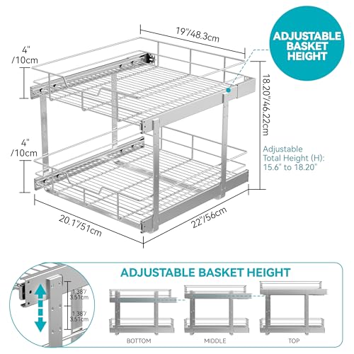 2 Tier Pull Out Cabinet Organizer 21" W X 22" D, Chromed, Full Slide Out - color: 2 Tier - Chrome-Plated, size: 21" W X 22" D