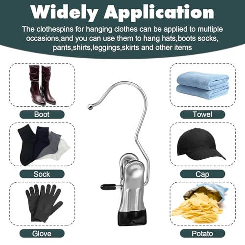 YUXIANLB 100 Pack Boot Hanger Clips Hooks, Heavy Duty Laundry Hooks with Clip, Portable Stainless Steel Clothes Pins Boot Clips for Hanging, Socks Towels Hats Pants Holder for Travel, Closet - size: 100 Count (Pack of 1)