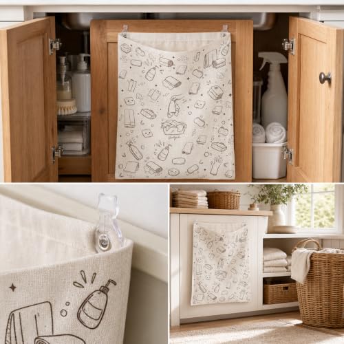 Cute Under Sink Door Organizer Reusable Linen Towel Bag Dish Rag Holder Wet Towel Hamper Cleaning Rag Storage for Kitchen Bathroom Cabinet Countertop Laundry