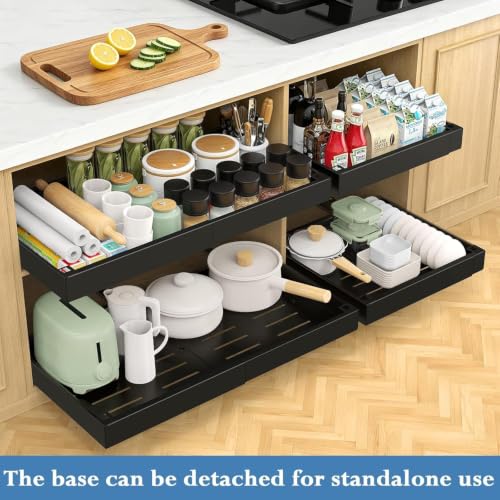 Under Sink Organizer, 2-Tier Slide Out kitchen Storage Metal Shelf, Black - size: Large