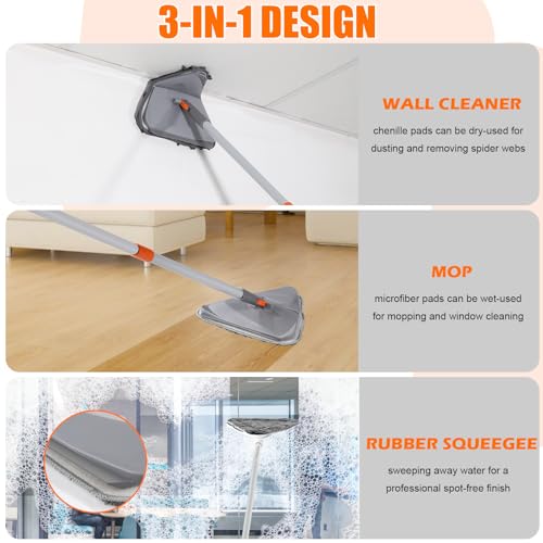 Wall Cleaner Mop with Long Handle 82 Inches, 3-in-1 Ceiling Cleaning Tool Duster Adjustable Length with Replacement Microfiber Chenille Pads (4 Pads)