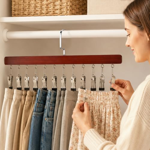 2 Pack Hanging Closet Organizer with 12 Clip, Wooden Pants and Leggings Hangers with 360° Rotating Hook, Space-Saving Vertical Rack for Jeans, Skirts, Scarves and Socks
