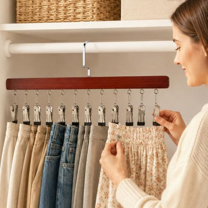 2 Pack Hanging Closet Organizer with 12 Clip, Wooden Pants and Leggings Hangers with 360° Rotating Hook, Space-Saving Vertical Rack for Jeans, Skirts, Scarves and Socks