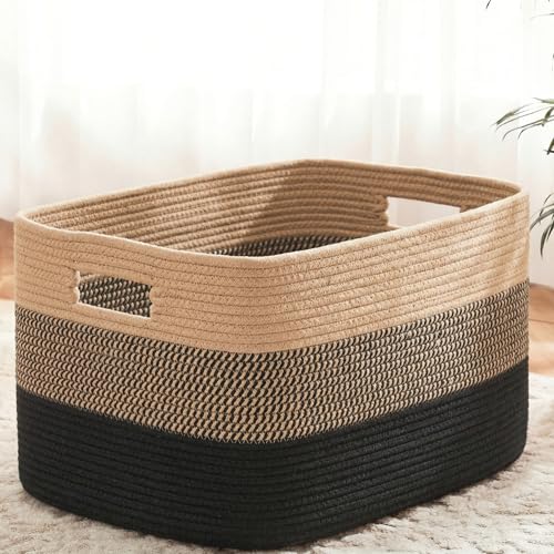 Artfeel Blanket Basket,Rectangle Woven Baskets for Storage,65L Laundry Basket for Decorative Nursery Blanket,Toys,Dirty Clothes and Magazine in Shelves,Baby Room,and Living Room - color: Black&Jute, size: 65L