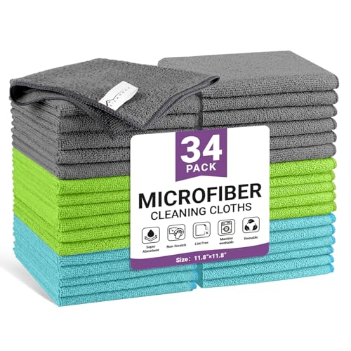 34 Pack Microfiber Cleaning Cloth, 3 Assorted Colors Cleaning Rags for Housekeeping, Colorful Reusable Microfiber Towels for Car, Kitchen, Bathroom and Household Cleaning Supplies, 11.8"X11.8" - color: C.3 Assorted Colors, size: 1 Count (Pack of 34)