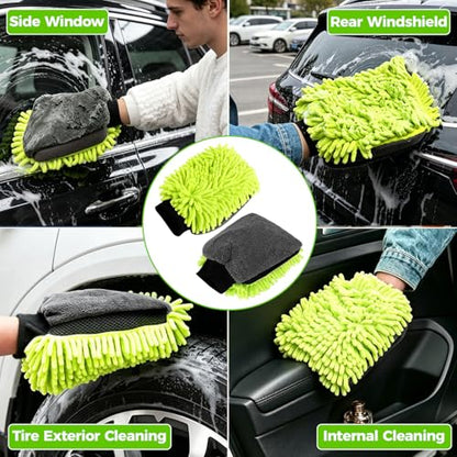 3-Piece Car Wash Kit: 2 Scratch-Free Chenille Microfiber Wash Mitts + 1 Large 400GSM Drying Towel, Lint-Free Auto Cleaning Set for Cars Trucks SUVs RVs