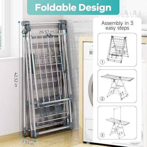APEXCHASER Clothes Drying Rack with High Hanger, 3-Level Drying Racks - color: Gray, size: 2 Wings