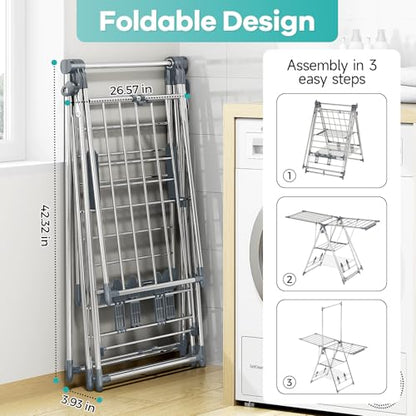 APEXCHASER Clothes Drying Rack with High Hanger, 3-Level Drying Racks - color: Gray, size: 2 Wings