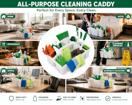 Tribello Libman Maid Caddy Cleaning Organizer, Heavy-Duty Janitorial Carry Caddy with Bottle Holders, Toilet Brush Holder & Tool Compartments, Commercial Cleaning Supply Tote (White) - color: White