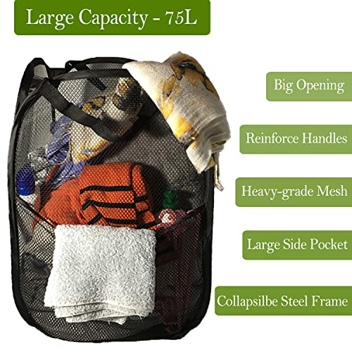 BATTOO Deluxe Strong Mesh Pop up Laundry Hamper Basket with Side Pocket Foldable Hamper for Laundry Room, Bathroom, Kids Room, College Dorm or Travel Black + Black - color: Black+Black