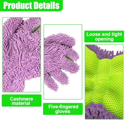 2PCS Microfiber Car Wash Mitts, Double-Sided 5-Finger Dusting Gloves, Anti-Scratch Chenille Drying Towel, Vehicle Interior & Exterior Detailing Tool for Cleaning Wheel Tight Spot (Purple) - color: Purple