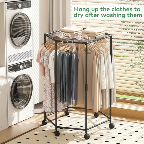 Clothes Rack with Wheels, Clothing Rack with drying mesh, Standing Garment Storage for Indoor, Hanging Rod for Bedroom Laundry Room, Coat Dress Organizer on Wheels (48.4" H)