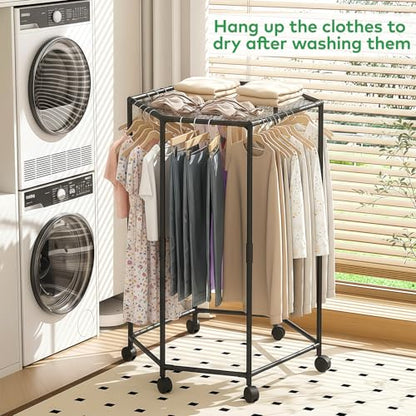 Clothes Rack with Wheels, Clothing Rack with drying mesh, Standing Garment Storage for Indoor, Hanging Rod for Bedroom Laundry Room, Coat Dress Organizer on Wheels (48.4" H)