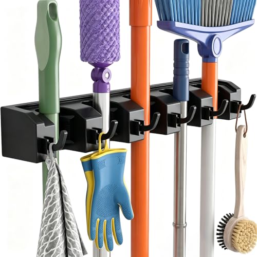 AceMining Broom Holder Wall Mounted, 5 Holders and 6 Hooks Mop Holder, ABS Plastic Brush Holder, Thick and Durable Mop and Broom Holder, Broom Storage, Broom Hook, Mop Wall Holder Black - size: 1 Pack