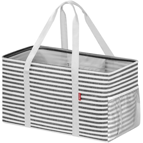 LHZK Standing Extra Large Utility Tote Bag with Metal Wire Frame and the Sides Rinforced, Extra Large Tote Bag with Handle, Reusable Grocery Bags Foldable, Beach Bag, Car Tote, Black - color: Black/White, size: 22.5''x10.5''x12''-1 Pack
