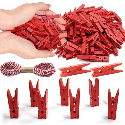 1.35 Inch Mini Clothes Pins100 PcsWith 32 Feet Jute Twine for Photo, Crafts, Pictures - Wooden Small Decorative Clothespins for Baby Shower (Red) - color: Red