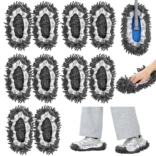 10 Pcs Mop Slippers Socks Floor Cleaning, 5 Pairs Microfiber Shoe Covers Dust Soft Washable Reusable Foot Socks for Woman Man House Kitchen (Grey)