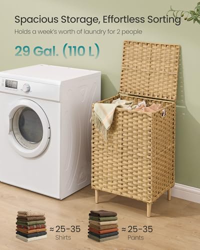 SONGMICS 2-Section Laundry Hamper with Lid, PE Rattan, 29 Gallons (110 L) - color: Goose Yellow, size: 110 L (2 Basket)