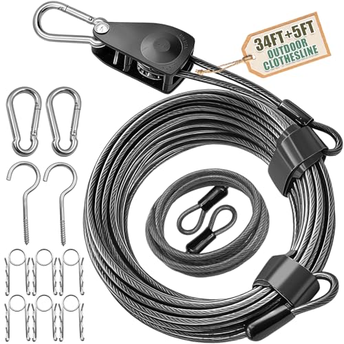 NAZOU Outdoor Retractable Clothesline, 3/16" Coated Steel Wire Rope - size: 34ft+5ft