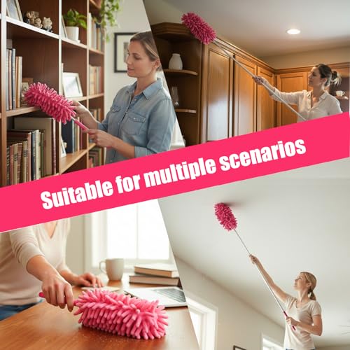 Extendable Feather Duster Telescopic Dust Remover for Home Office Car Furniture High Ceiling Cleaning Multi Purpose Tool(Rose Red,Long Head) - color: Rose Red, size: 11.0 in