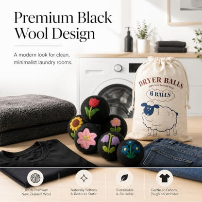 Wool Dryer Balls 6 Pack, New Zealand, Reusable Natural Fabric Softener - color: Black-flower