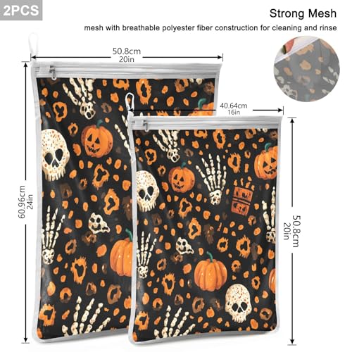 Mesh Laundry Bags Lingerie Bags for Washing Delicates 2 PCS Durable Wash Bag with Zipper Small and Medium Washable Halloween Leopard Pumpkin Skull Brown - color: Halloween Leopard Pumpkin Skull Brown