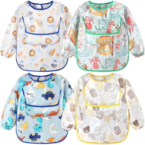 Accmor 4 Pack Long Sleeve Baby Bibs, Waterproof Sleeved Bibs for Eating Feeding, Toddler Baby Girls Boys Smock Bibs - color: Reversible Pocket-dinosaurs/Animals/Ocean/Rabbit ﻿