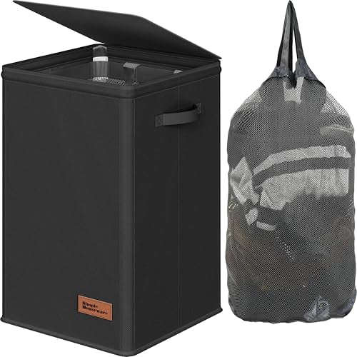 Simple Houseware Foldable Laundry Hamper Basket with Lid and Bag, Black - color: Black