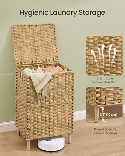 SONGMICS 2-Section Laundry Hamper with Lid, PE Rattan, 29 Gallons (110 L) - color: Goose Yellow, size: 110 L (2 Basket)