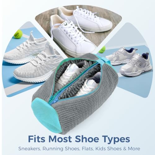 Shoe Washing Machine Bag for Sneakers, Double Compartment Shoes Laundry Bag with Chenille Microfiber, Durable Mesh Shoe Wash Bag for Washer & Dryer, Sneaker Cleaner for Running, Tennis & Kids Shoes - color: Grey
