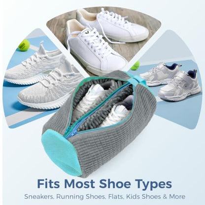 Shoe Washing Machine Bag for Sneakers, Double Compartment Shoes Laundry Bag with Chenille Microfiber, Durable Mesh Shoe Wash Bag for Washer & Dryer, Sneaker Cleaner for Running, Tennis & Kids Shoes - color: Grey