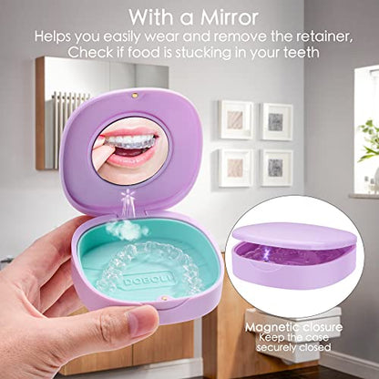 2 Pack Retainer Case with Vent Holes, stocking stuffers for gift women men,Compatible with Invisalign,Night Guards,and Mouth Guards Case - Includes Storage Bag,Slim Aligner Remover Tool - color: Black Purple
