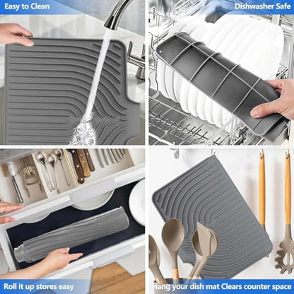 Dish Drying Mat for Kitchen Counter, with Built-in Drain Lip, Food-Grade Silicone, Easy Clean Pad for Countertop Protection, Multi-Functional Use (14.7x10.2, Grey) - color: Gray, style: 14.7x10.2