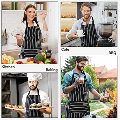 NLUS 2 Pack Cooking Aprons for Women with Pockets Adjustable Kitchen Bib Aprons for Women Men Chef, Black/White Stripe (Classic Black/White Stripes) - color: White/Black-2