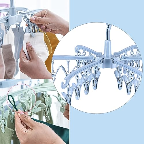 Clothes Sock Drying Hanger with 24 Clips,Foldable Hanging Rack - color: Blue