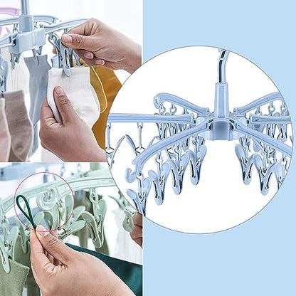 Clothes Sock Drying Hanger with 24 Clips,Foldable Hanging Rack - color: Blue