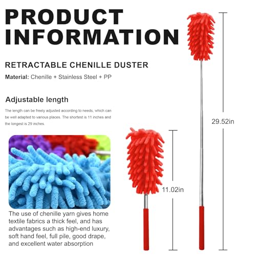 Microfiber Feather Duster with 29 in Telescoping Pole and Bendable Head for Ceiling Fans, Ceilings, Blinds, Furniture and Cars, Red - color: Red